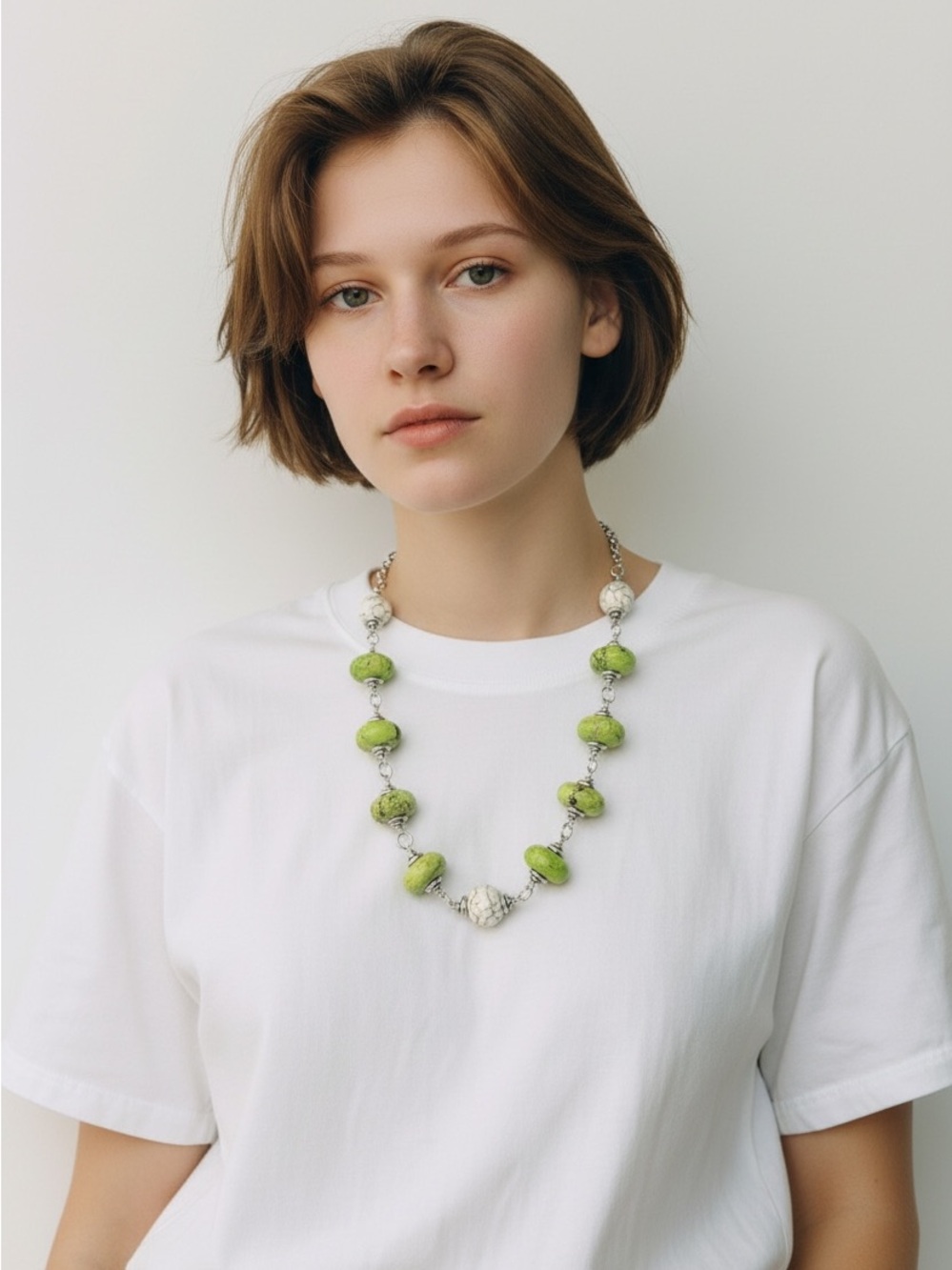 Green Jasper Handmade Necklace with Silver Links .